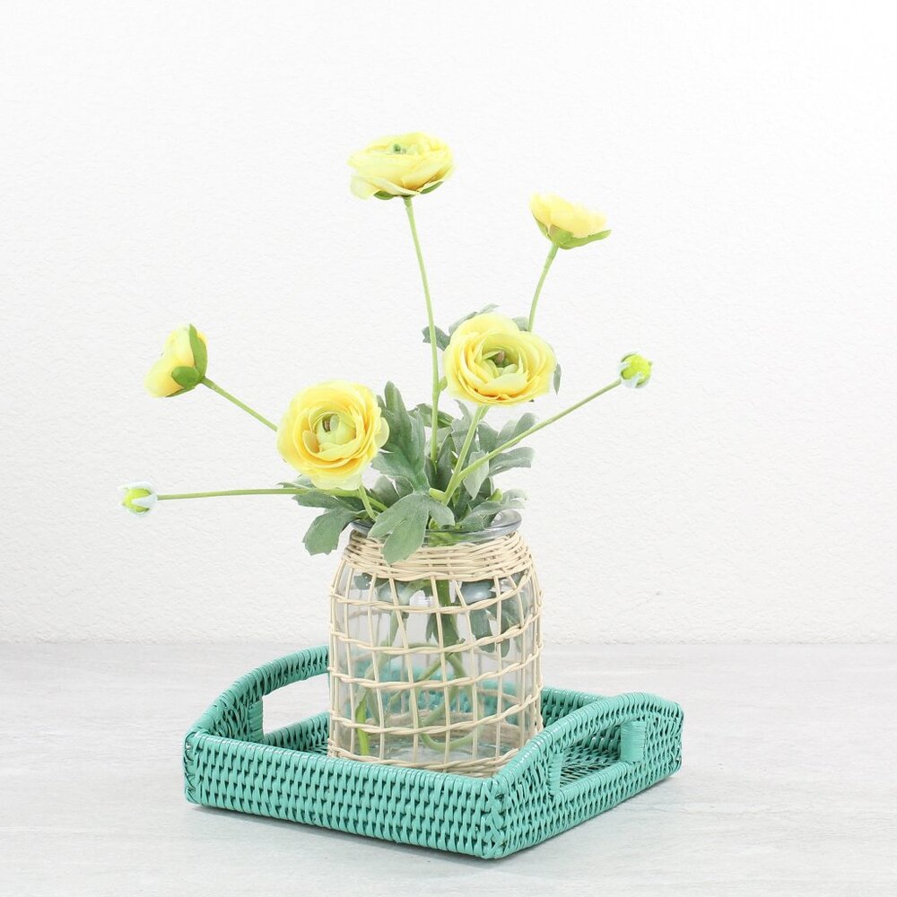 NEW Chic Small Square Tight Woven Rattan Décor Tray with Handles, Turquoise